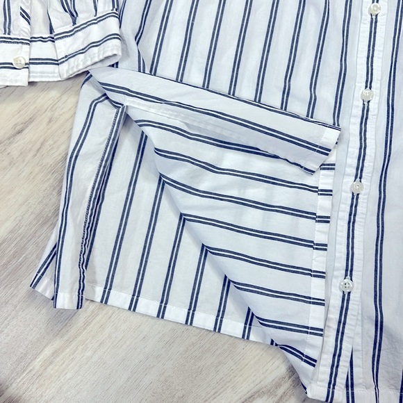 Women’s Coastal Nautical Striped Crisp 100% Cotton Button Down LS Shirt Blouse - Picture 5 of 8